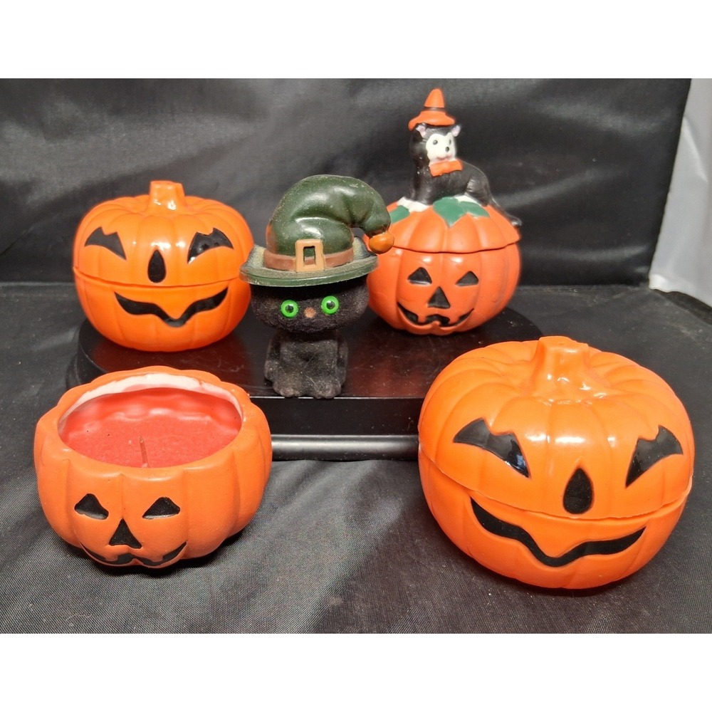Vintage Halloween Decor Hallmark Flocked Black Cat Spearhead Pumpkin Lot 1995